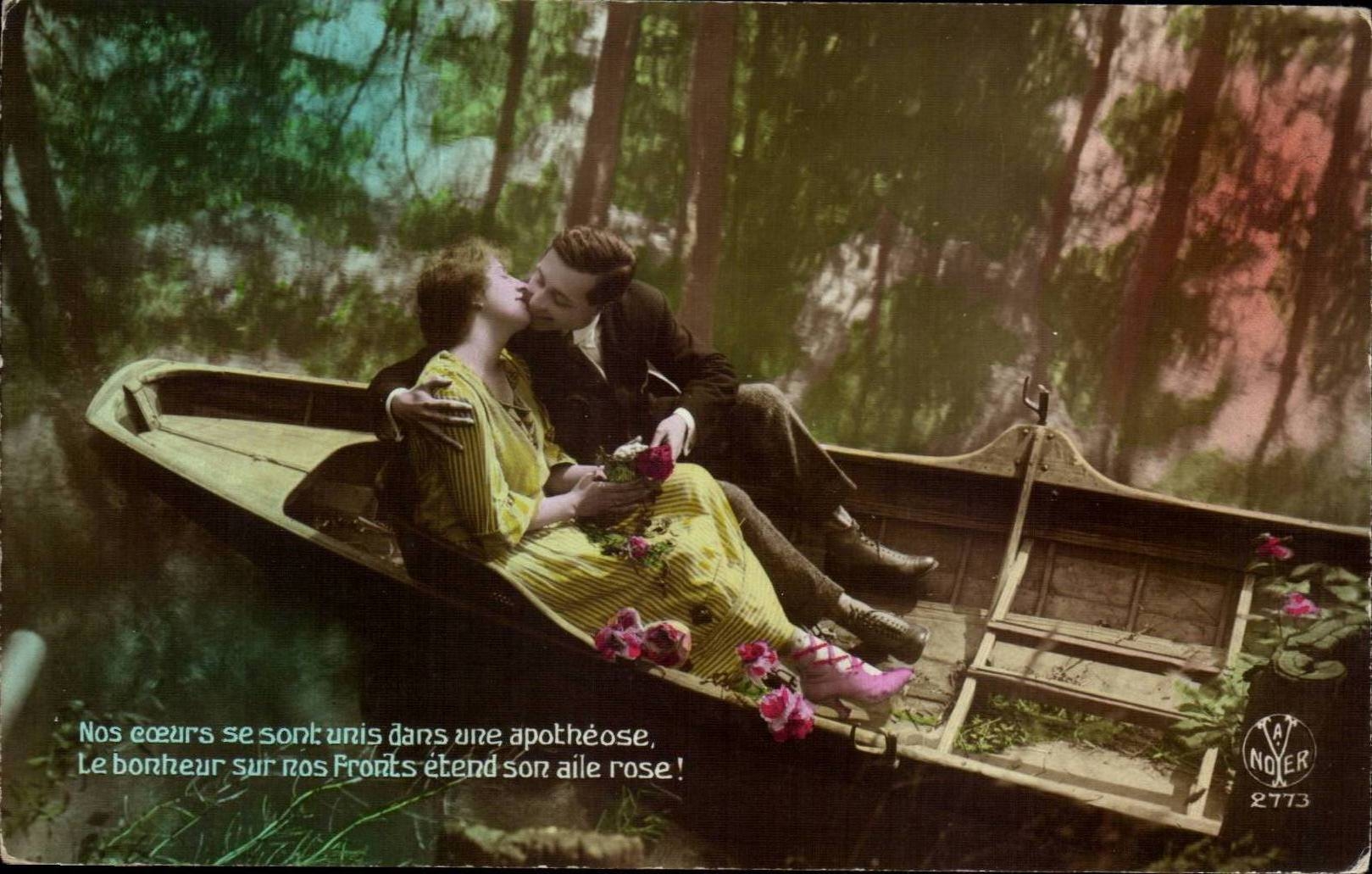 Couple amoureux dans une barque — scène romantique — éditeur Van Noyer n°2773