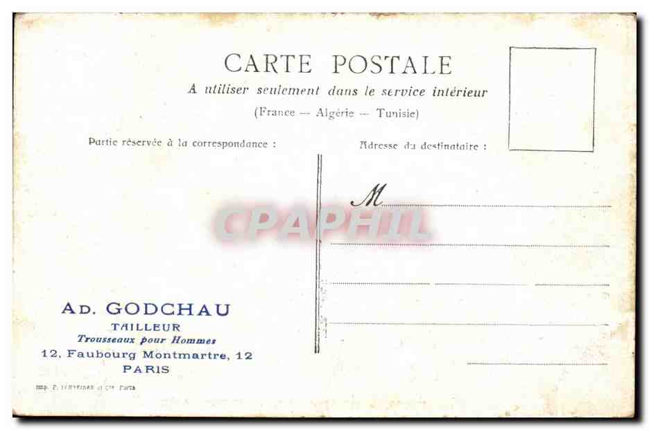Paris CPA Notre Dame (publicite Tailleur Godchau Faubourg Montmartre) — Rückseite