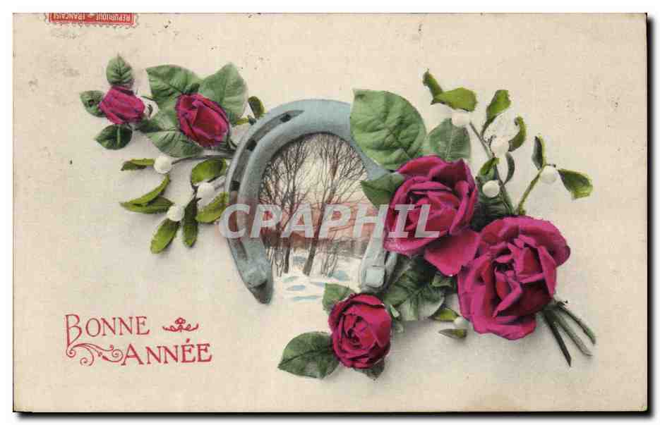 CPA Fantaisie Bonne annee Rose Fer a cheval