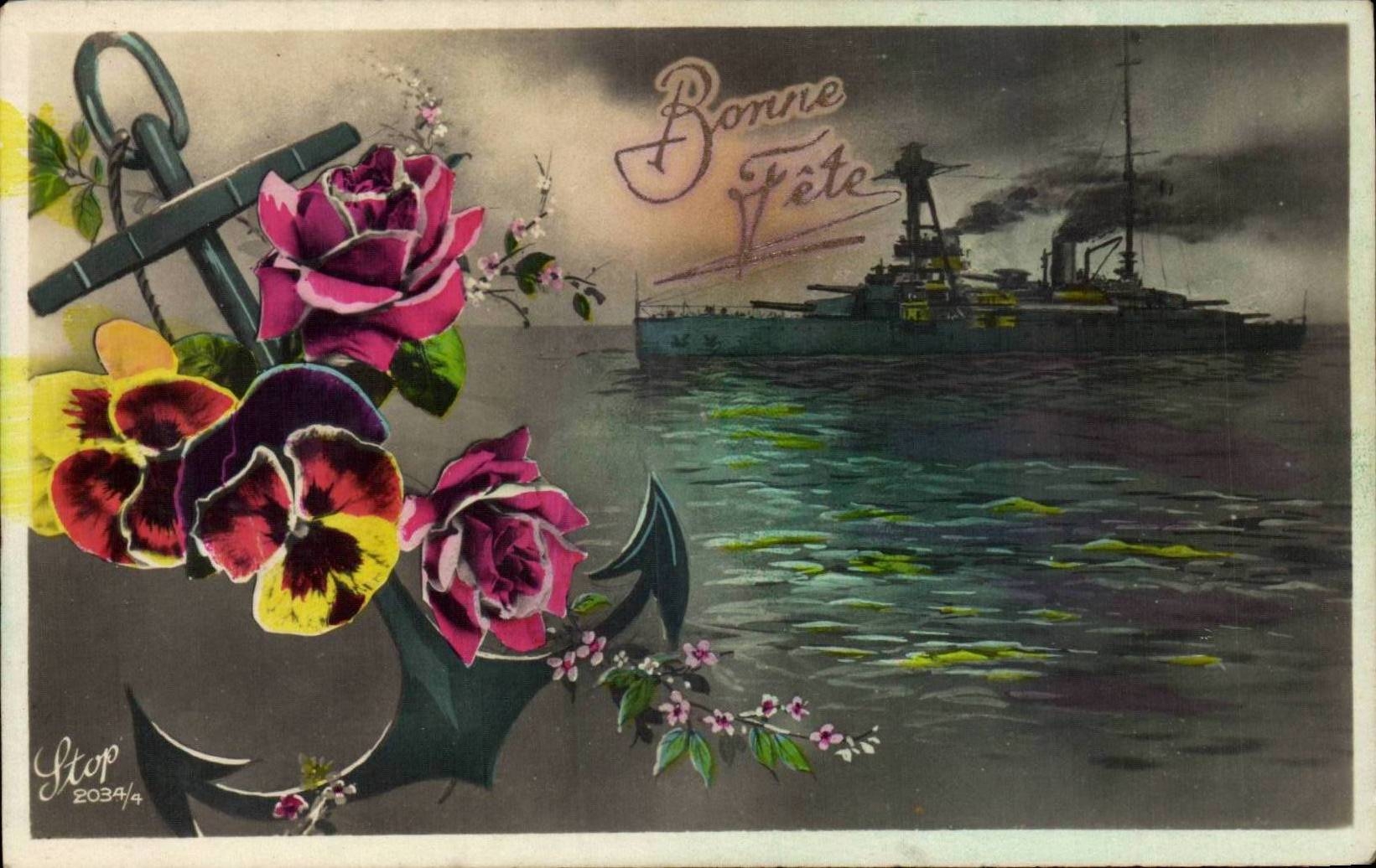CPA Fantaisie Bonne Fete Bateau Cuirasse