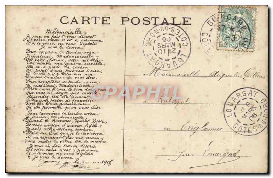 L'Aveu Discret — Poème amoureux — Carte postale — Verso