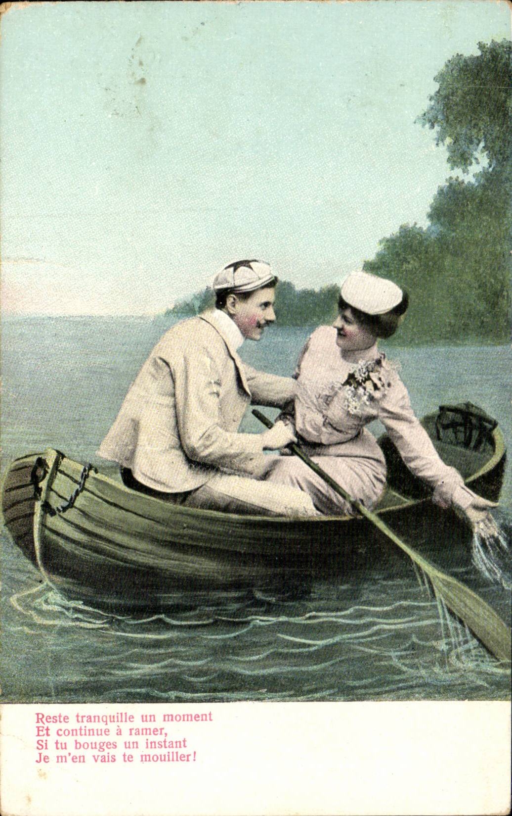 Fantaisie - Couple - Couple in a canoe - CPA 