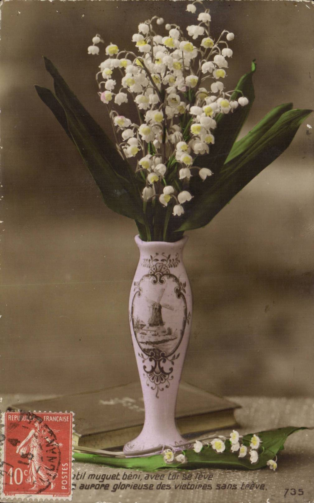 Fantaisie - Fleurs - Vase of delicate white flowers - Muguet CPA 