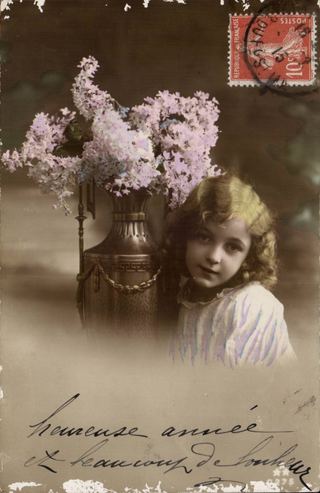 Fantaisie - Enfant - Blond child with enormous vase of flowers - CPA 
