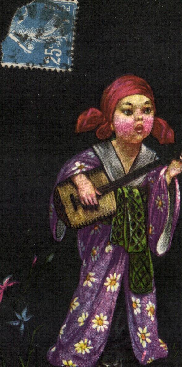 Fantaisie - Enfant - Illustration - Singing child singing guitar - CPA 