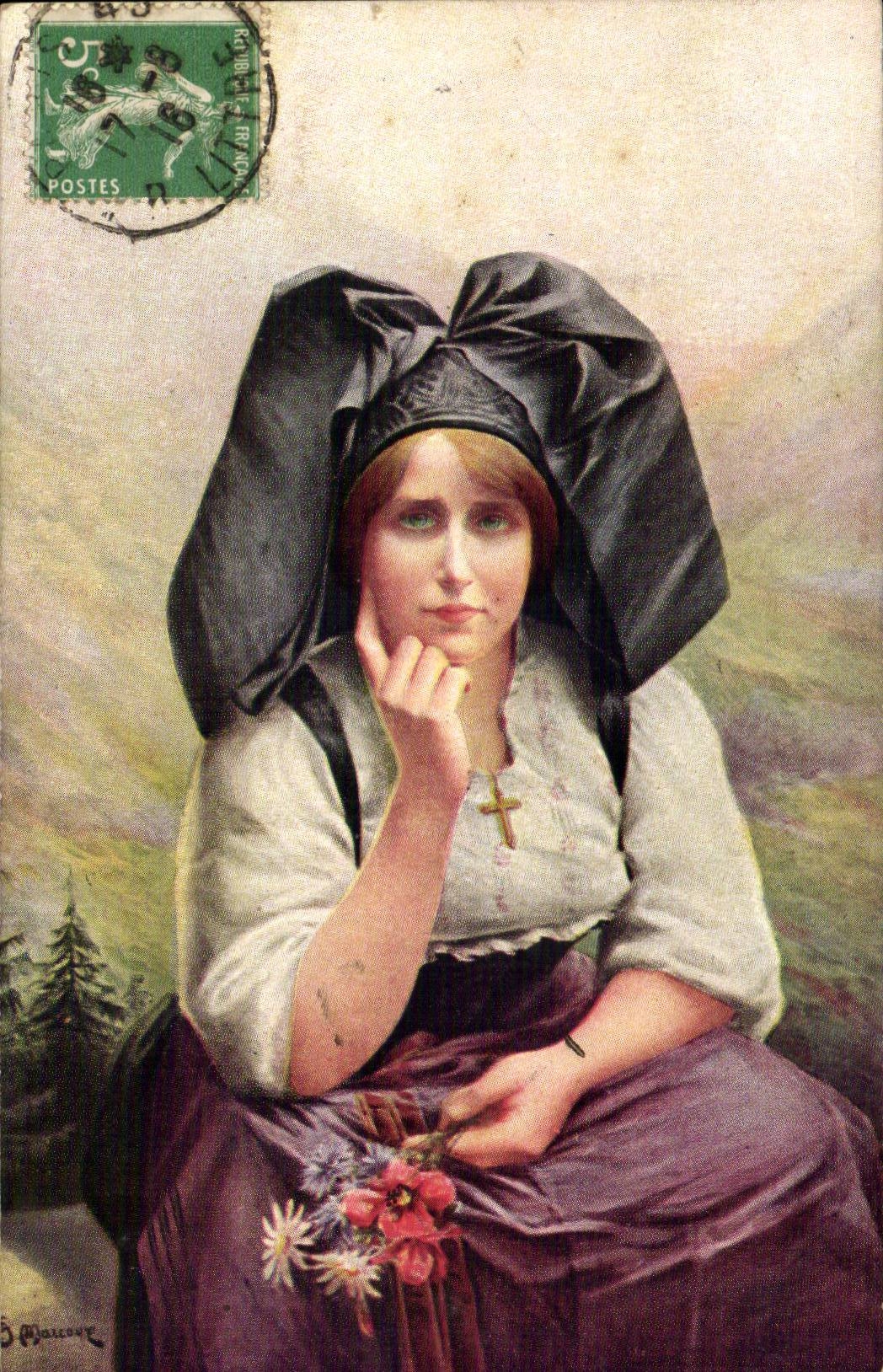 Fantaisie - Femme - Woman with a large croos Alsace Elsass CPA 