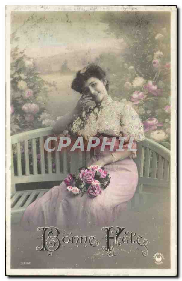 Fantaisie - Femme - Woman sitting on bench - Bonne Fete - CPA 