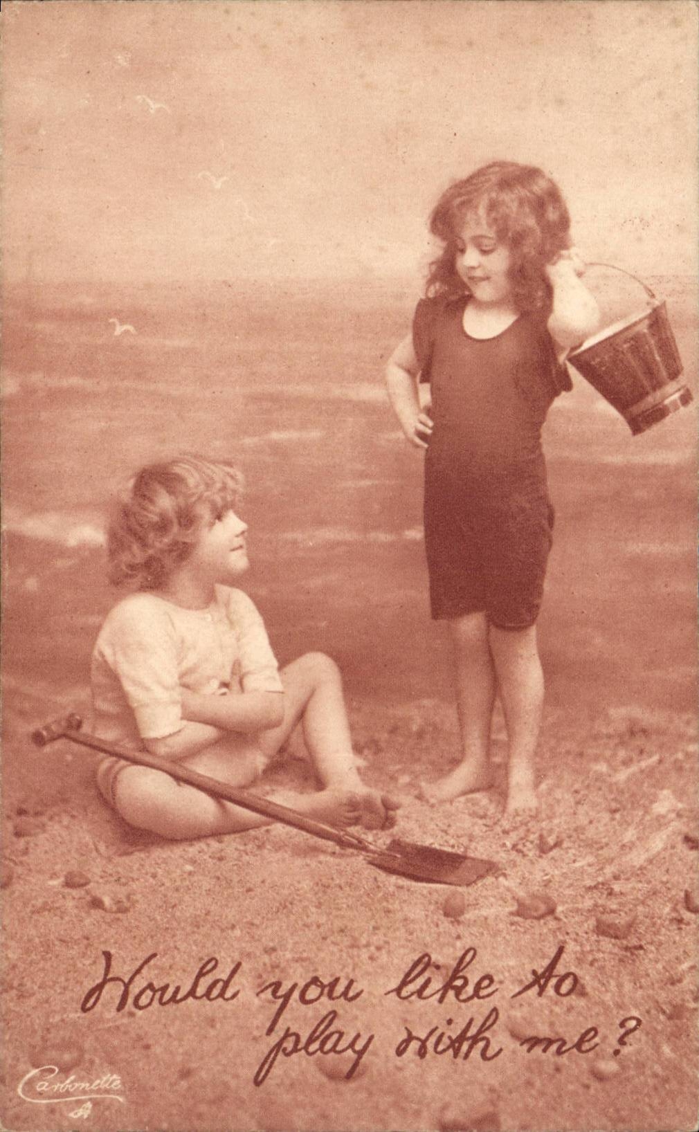 Fantaisie - Enfants sur la plage - Children at the beach - CPA 
