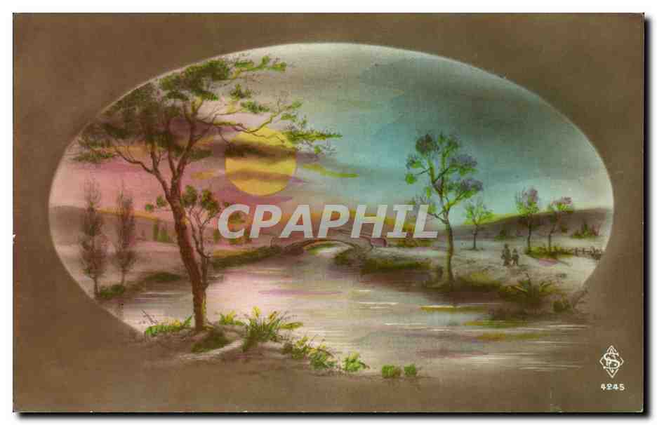 Fleurs - Arbres - Twilight scene in oval flame - CPA 