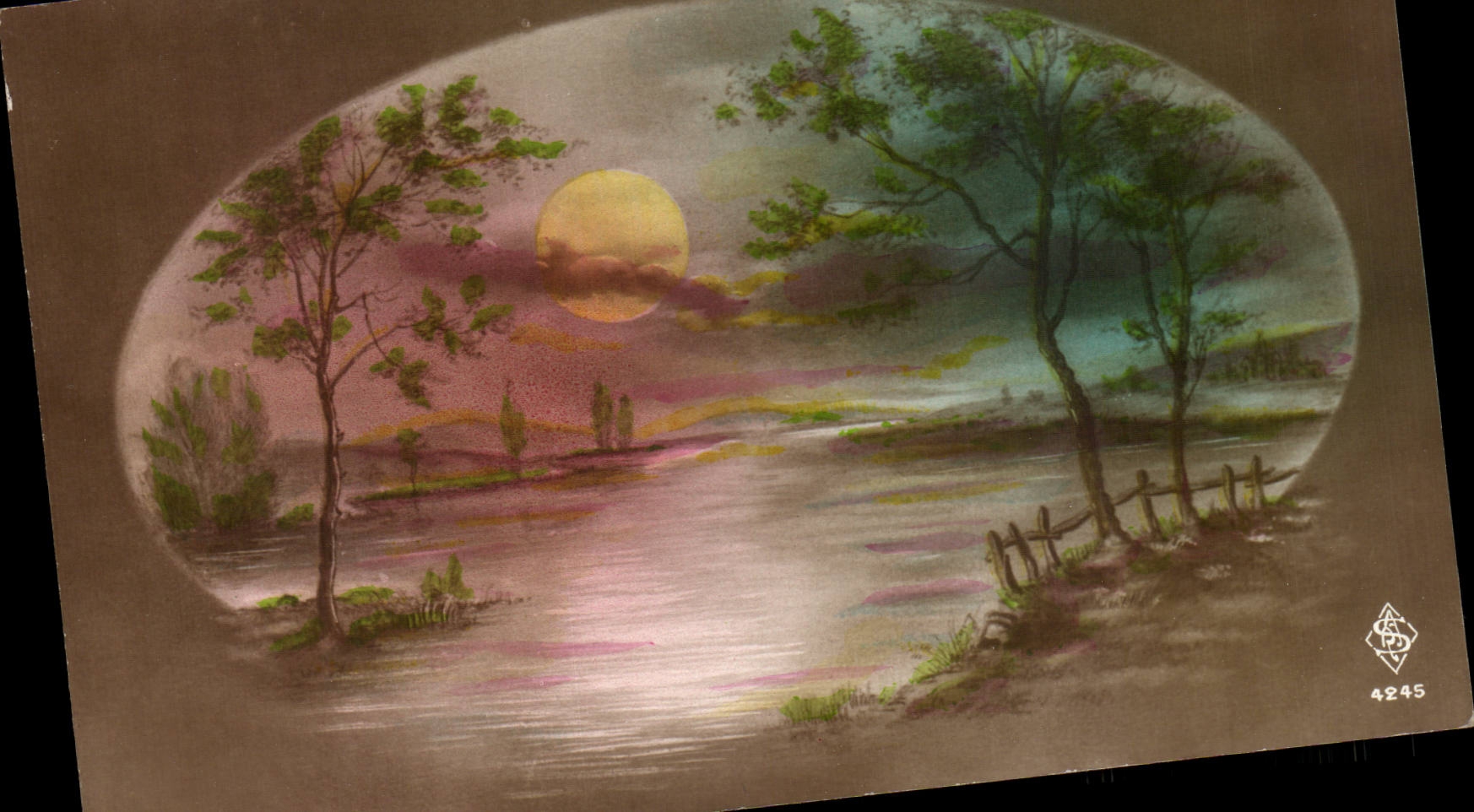 Fleurs - Arbres - Twilight scene in oval flame - CPA 