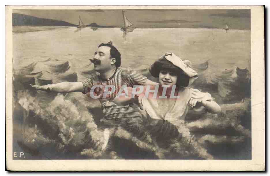 Fantaisie - Couple - Couple swimming CPA 