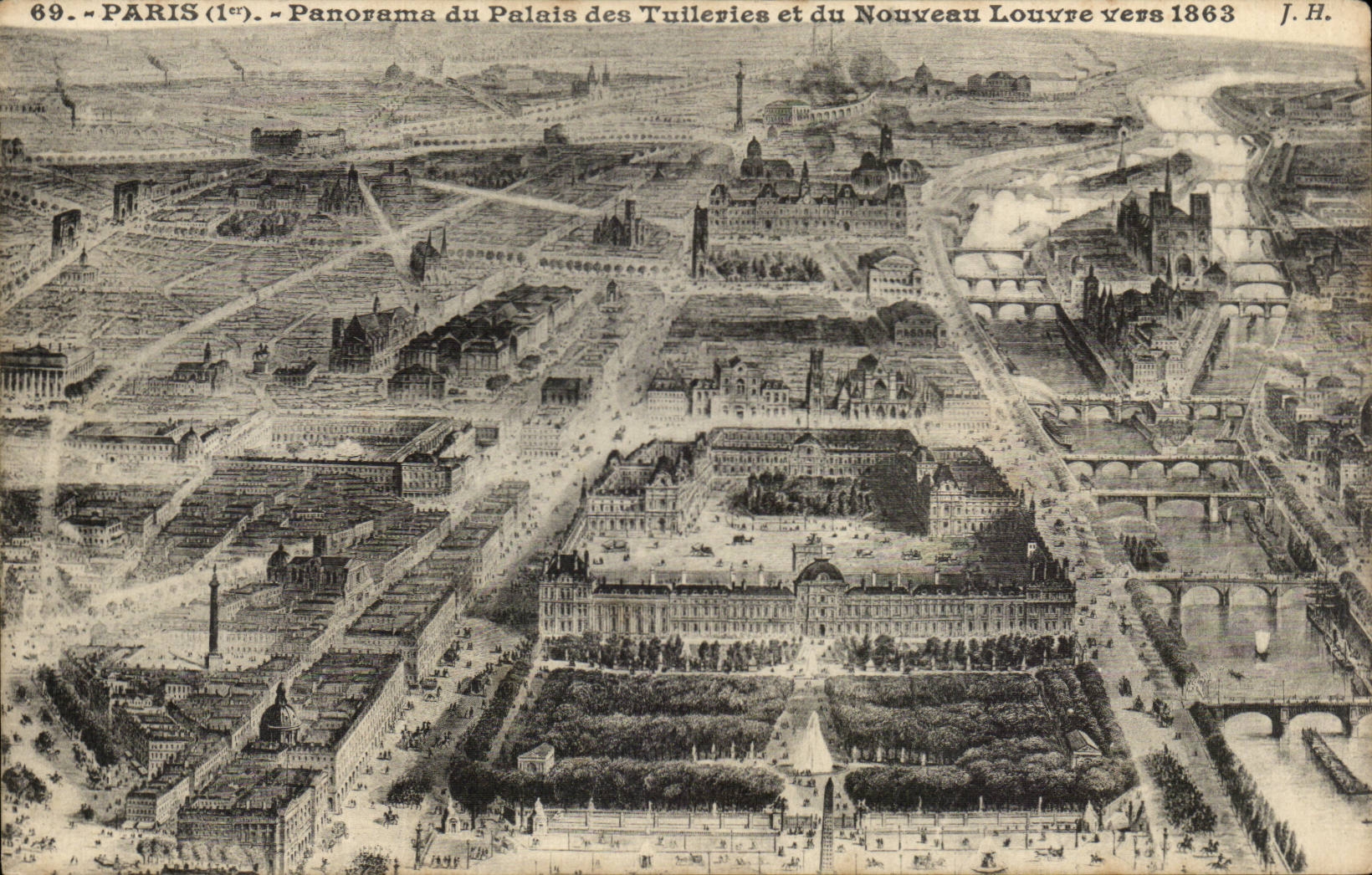Paris - 1 - Panorama du Palais des Tuileries et du Nouveau Louvre vers 1863 - CPA 