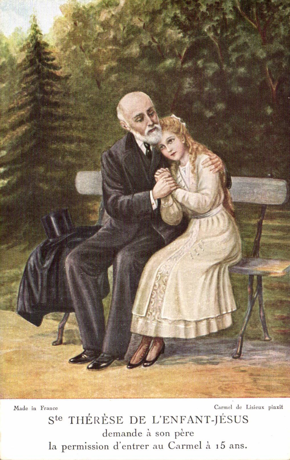 CPA Fantaisie Ste Therese de l'enfant Jesus demande a son pere la permission d'entrer au Carmel a 15 ans