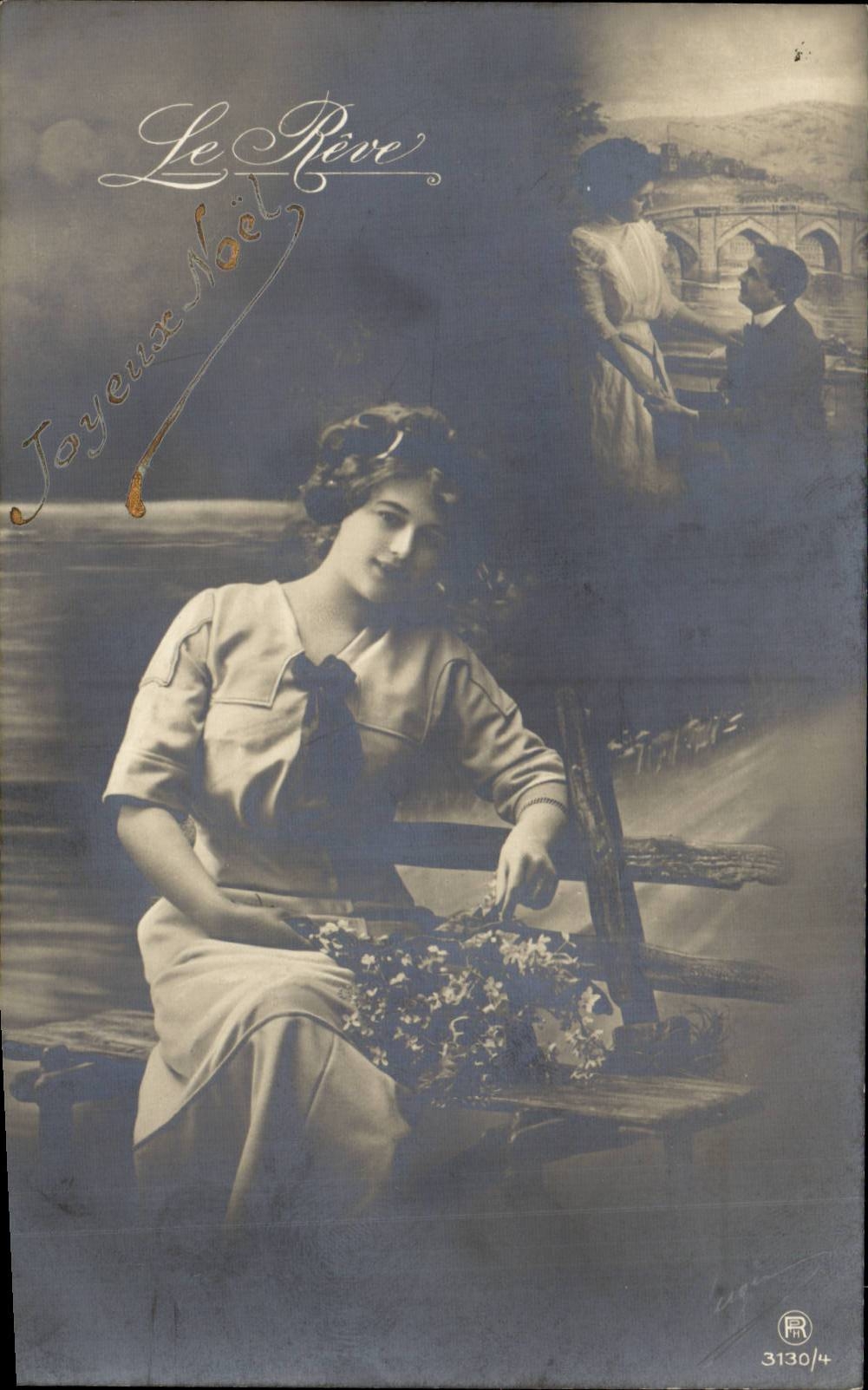 Femme assise avec couronne de fleurs — scène de couple au pont — éditeur Le Rêve, n° 3130/4
