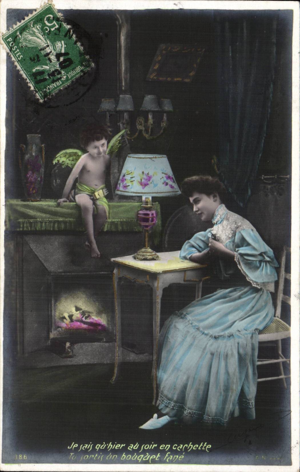 Enfant ailé et femme assise — scène intérieure — éditeur L. C. 386