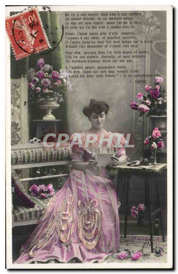 Femme en robe rose — poème de F. Ahvers — éditeur non identifié