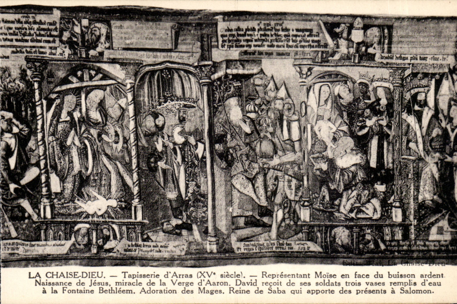 La Chaise-Dieu — Tapiz de Arras (siglo XV) — Representando a Moisés frente al arbusto ardiendo, Nacimiento de Jesús, Milagro de la Virgen de Aaron, Adoración de los Reyes Magos, Reina de Sabá trayendo regalos a Salomón.