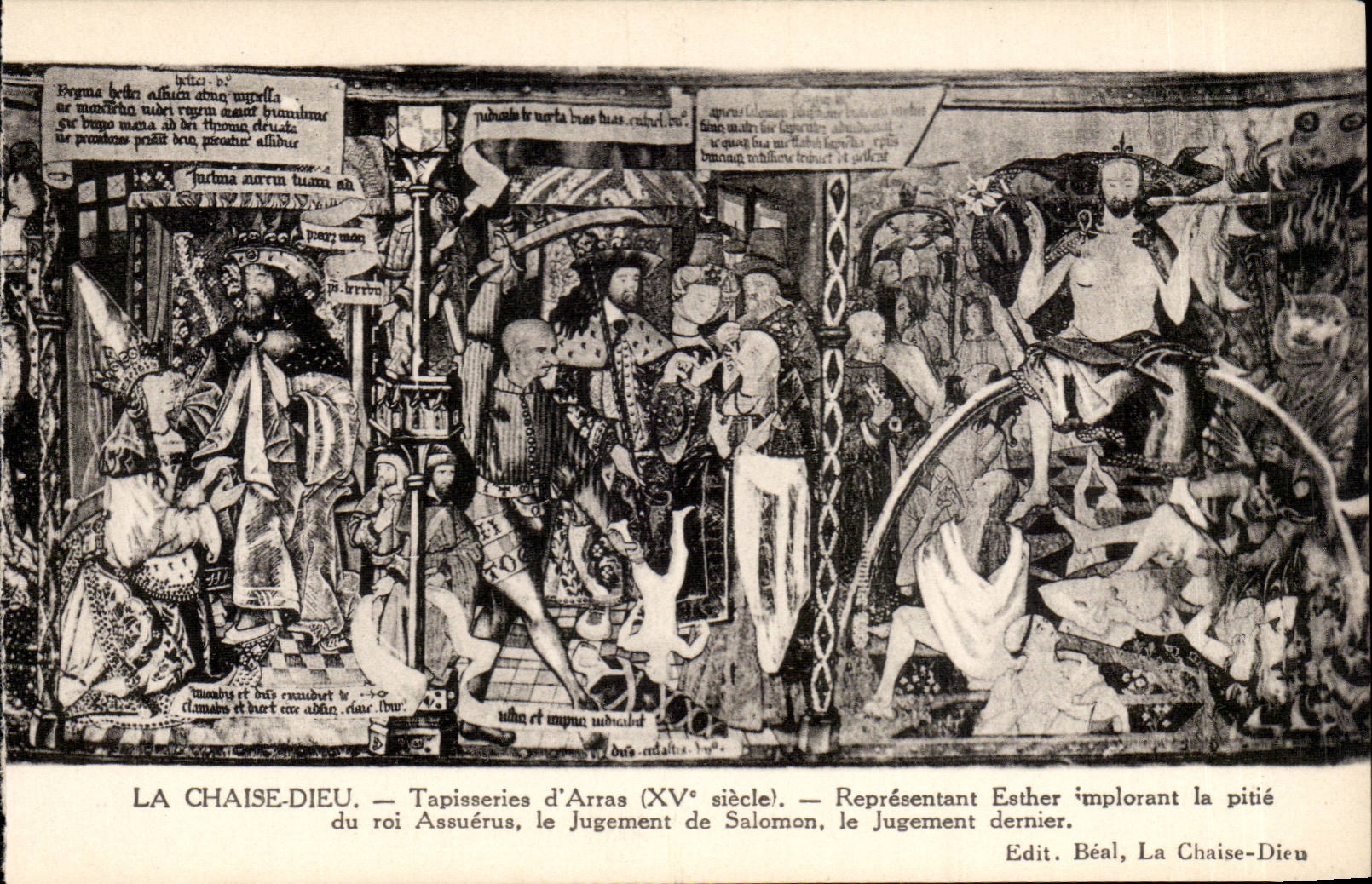 La Chaise-Dieu — Tapisseries d'Arras (XVe siècle) — Représentant Esther implorant la pitié du roi Assuérus, le Jugement de Salomon, le Jugement dernier.