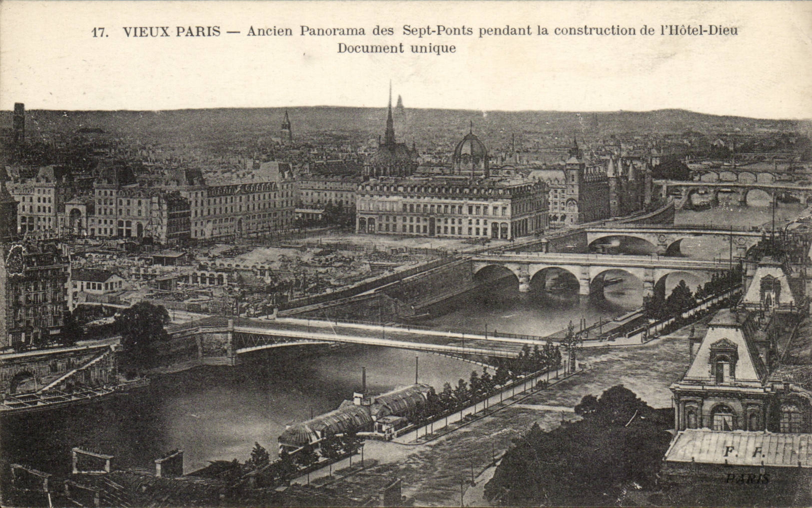 Paris CPA Ancien panorama des 7 ponts pendant la construction de l'hotel Dieu Document unique