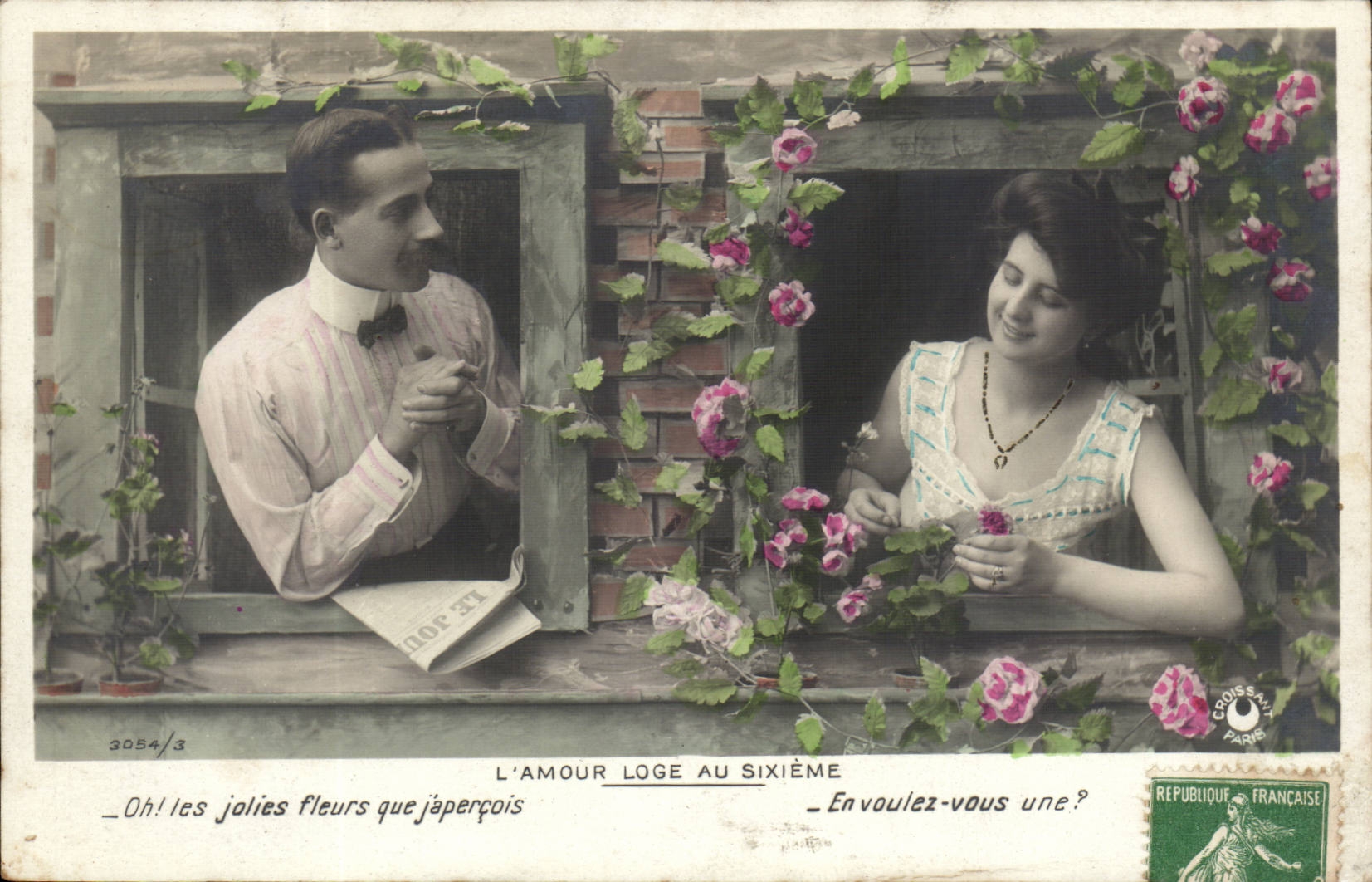 CPA Fantaisie Homme et femme l'amour loge au sixieme
