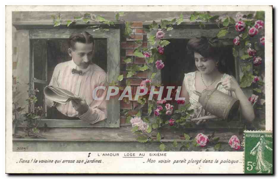 Die Liebe wohnt im sechsten Stock — Szene zweier Nachbarn über einem Garten — Verlag nicht sichtbar, Seriennummer 3054/1