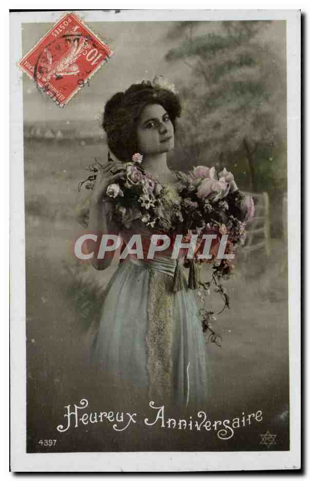 Jeune femme tenant un bouquet — Anniversaire — Éditeur anonyme, n° 4397