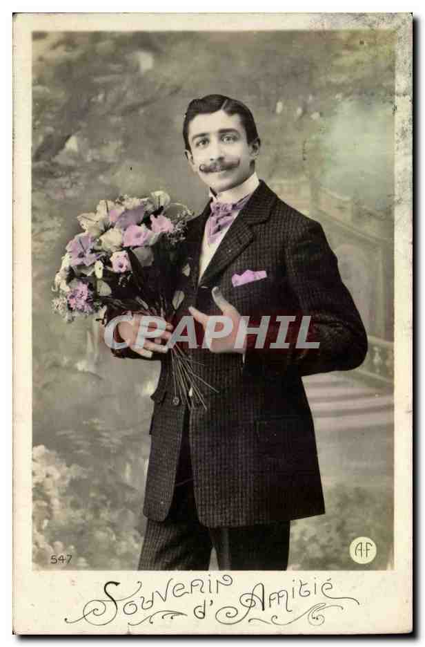 Souvenir d'Amitié — homme en costume tenant un bouquet — éditeur AF, n° 547