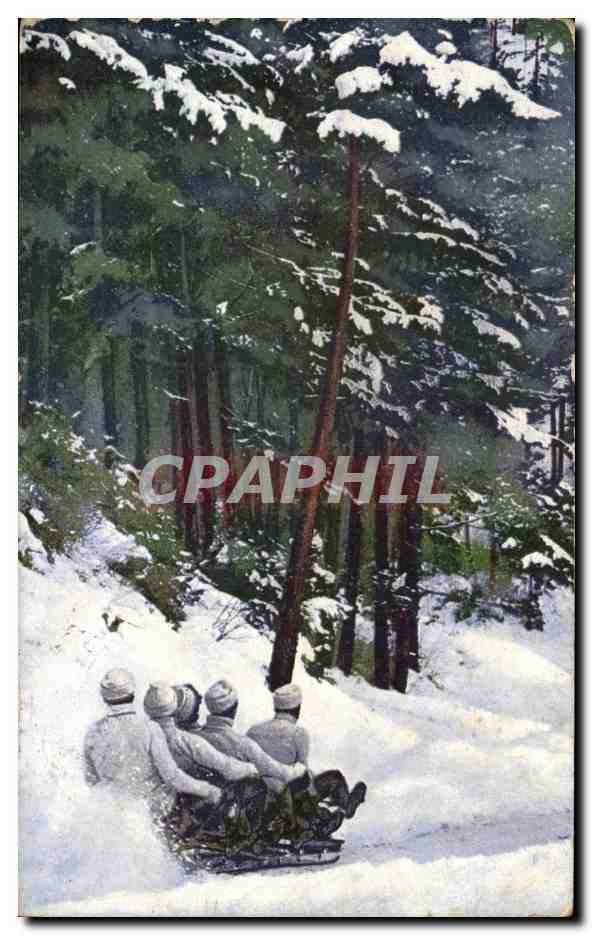 Skiing in the snow — four people on a sled — Phototyp-Verlag K. I. L. Steiermark