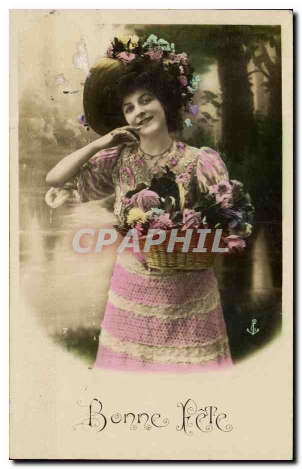 Femme en robe rose tenant un panier de fleurs — Bonne Fête — éditeur Ancre, n°7