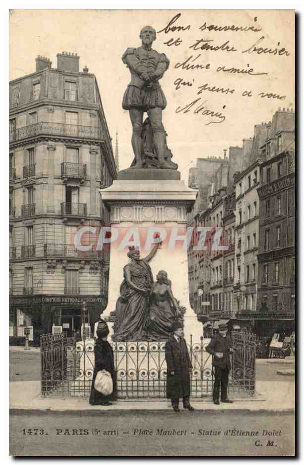 Paris CPA Place Maubert Statue d'Etienne Dolet
