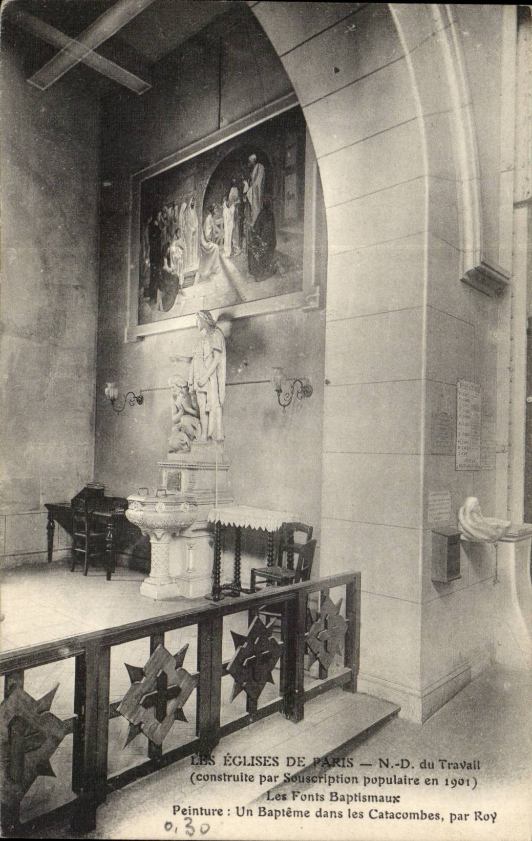 Paris CPA Les eglises de Paris ND du travail Les fonds baptismaux Un bapteme dans les catacombes par Roy