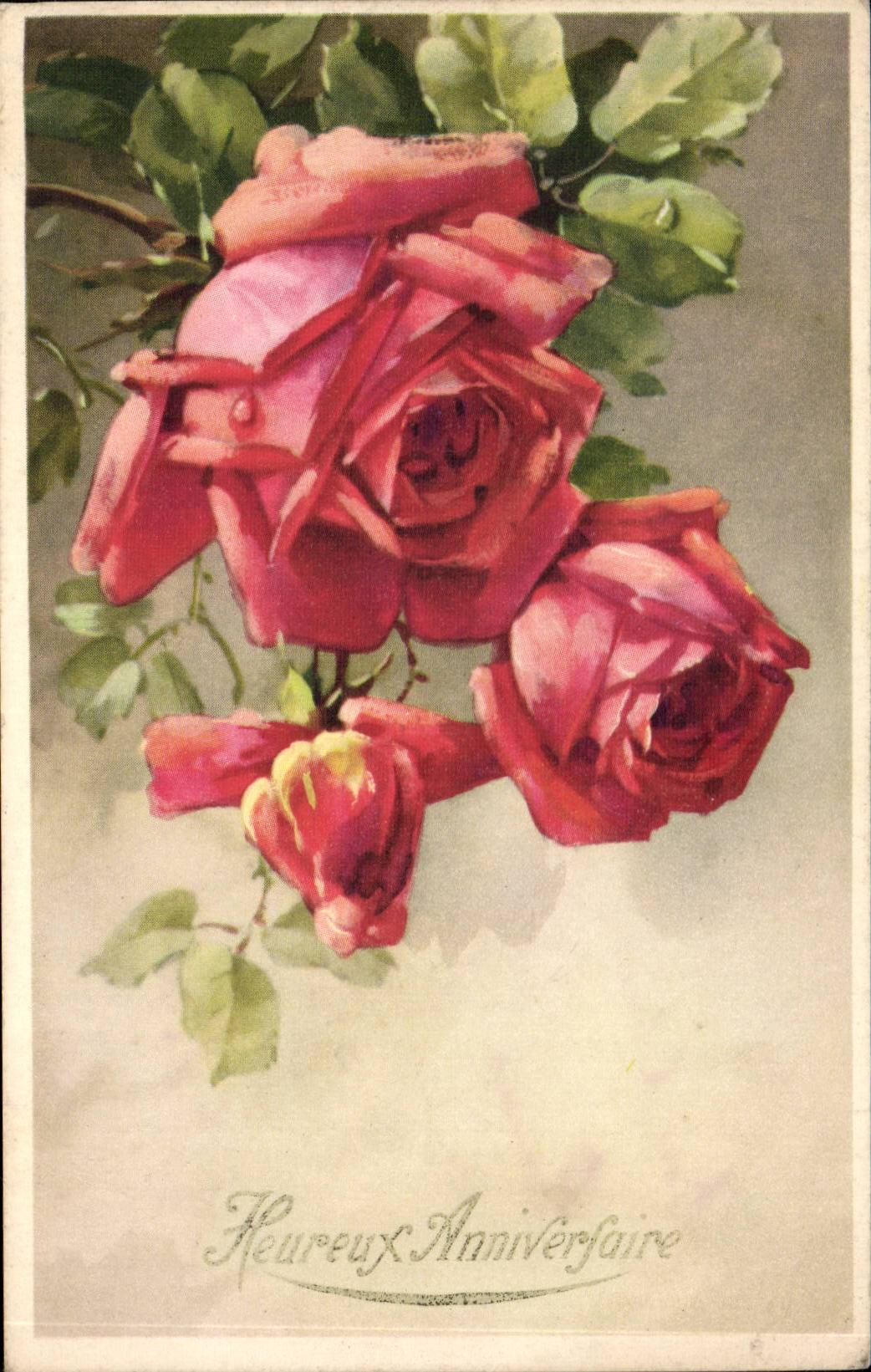 CPA Fantaisie Fleurs Rose Heureux anniversaire