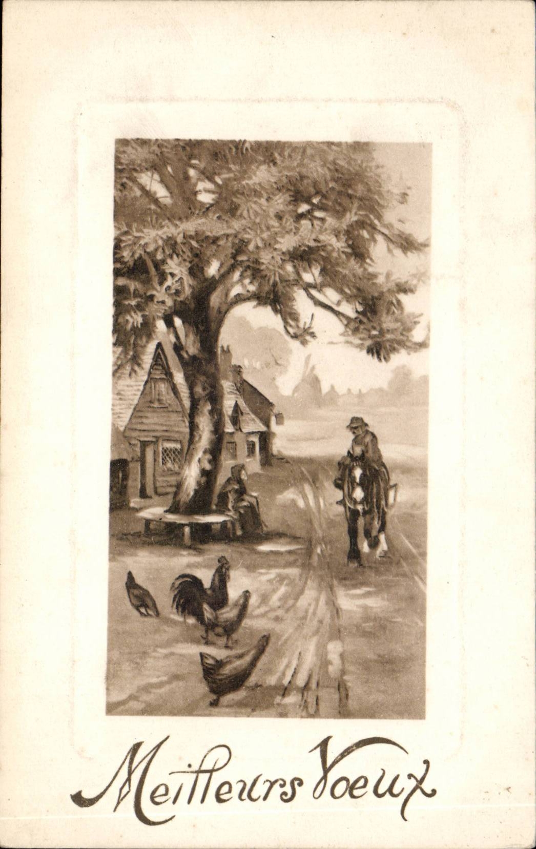 CPA Fantaisie Meilleurs voeux (cheval cavalier poules)