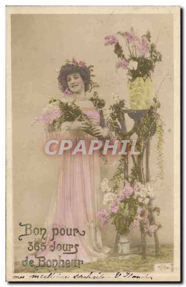 Frau in einem rosa Kleid mit Blumenkrone — Gute für 365 Tage Glück — Verlag V. Desmonts, Nr. 165