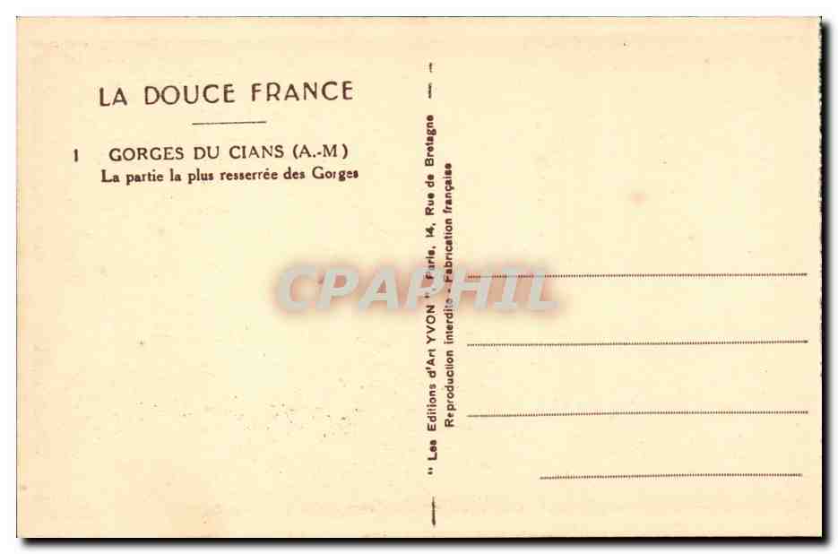 CPA Gorges du Cians La partie la plus resserree des gorges — Rückseite