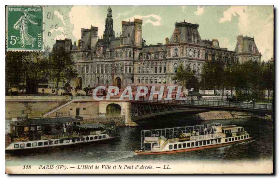 Paris CPA L'hotel de ville et le pont d'arcole