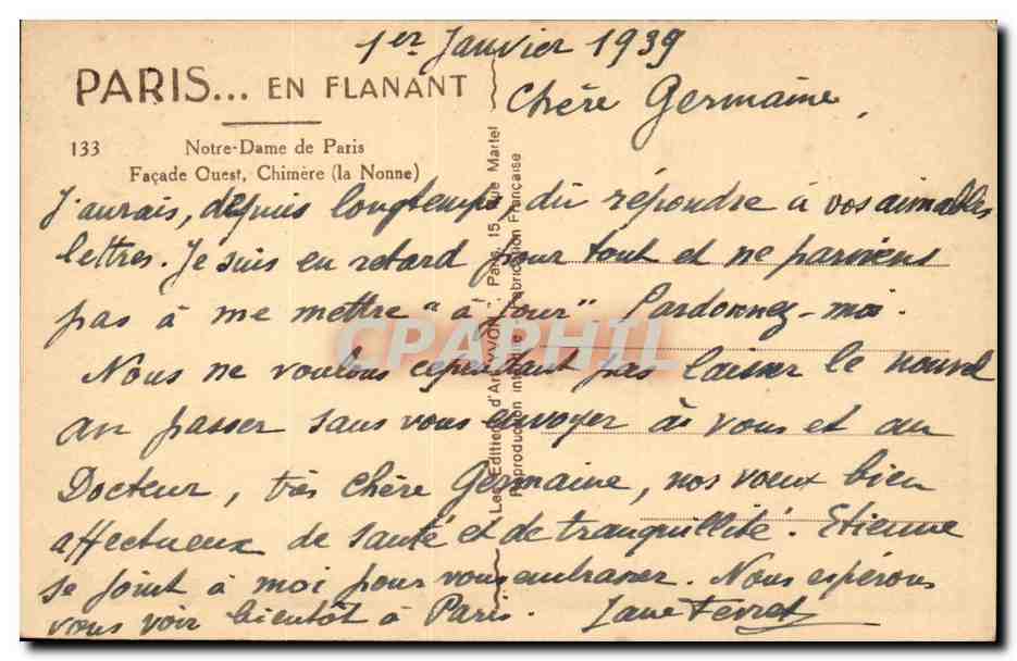 Paris CPA Notre Dame Facade ouest chimere (la nonne) — Verso