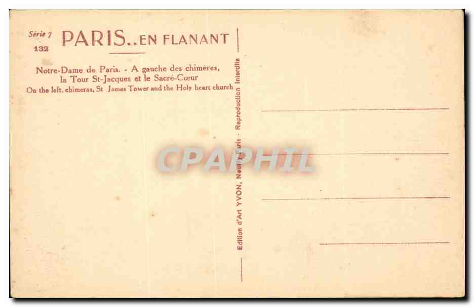 Paris CPA Notre Dame Chimeres Tour St Jacques et le SAcre Coeur — Verso