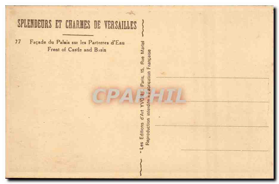Palais de Versailles — Façade sur les Parterres d'Eau — Éditions d'Art, Paris — Verso