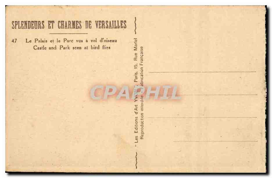 Versailles CPA Le palais et le parc vus a vol d'oiseau — Verso