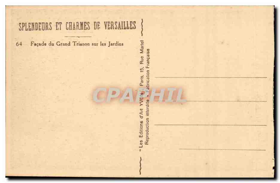 Façade du Grand Trianon sur les Jardins — Versailles — Éditions Yvonne, Paris — Verso