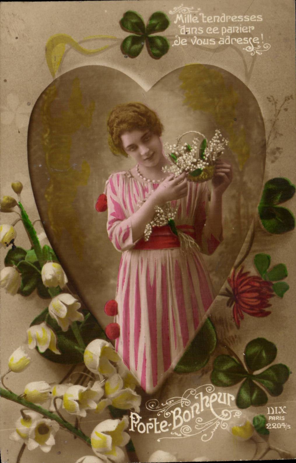 Jeune femme tenant un panier de fleurs — Porte-Borheur, Paris, n° 2204