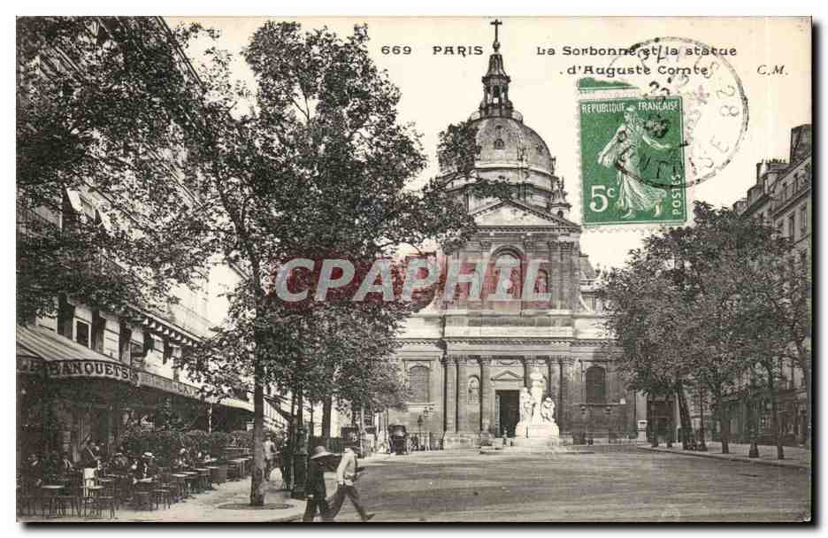 Paris CPA La Sorbonne et la statue d'Auguste Comte