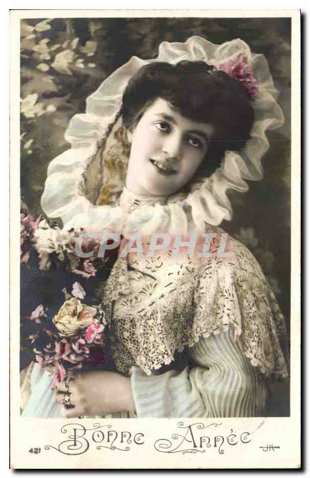 Jeune femme en robe à dentelle et voile — Bonne Année — J.H. n°421