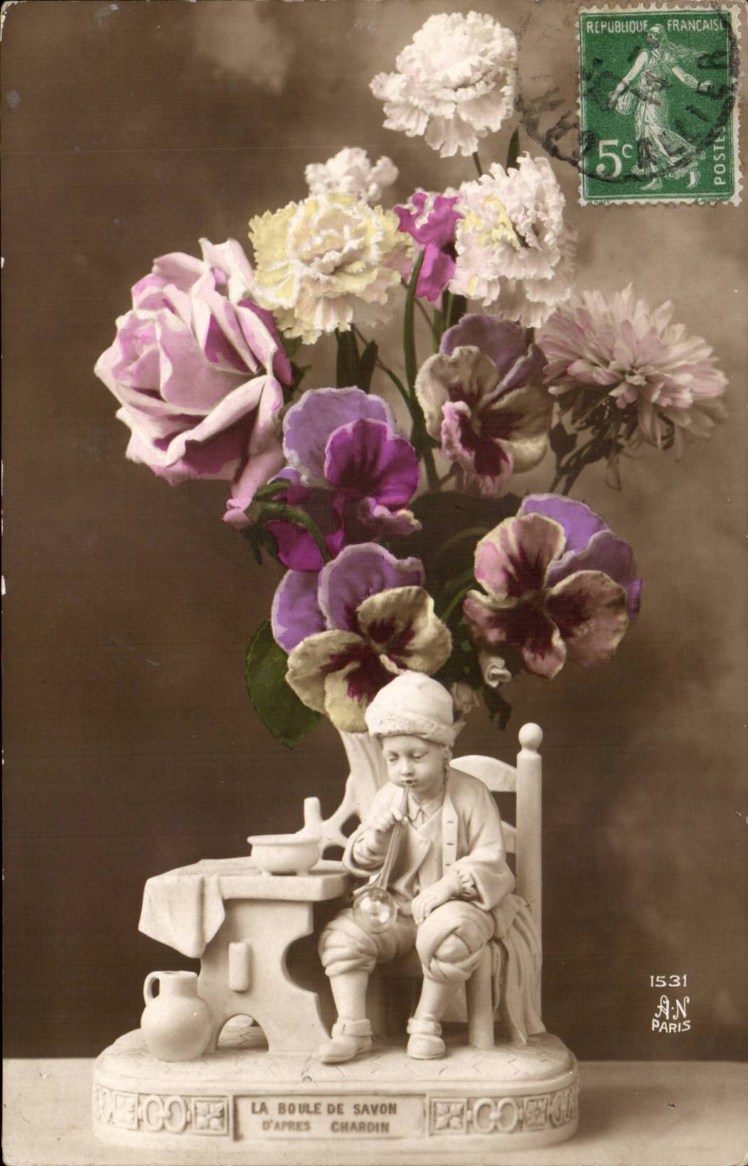 CPA Fantaisie Fleurs et santon
