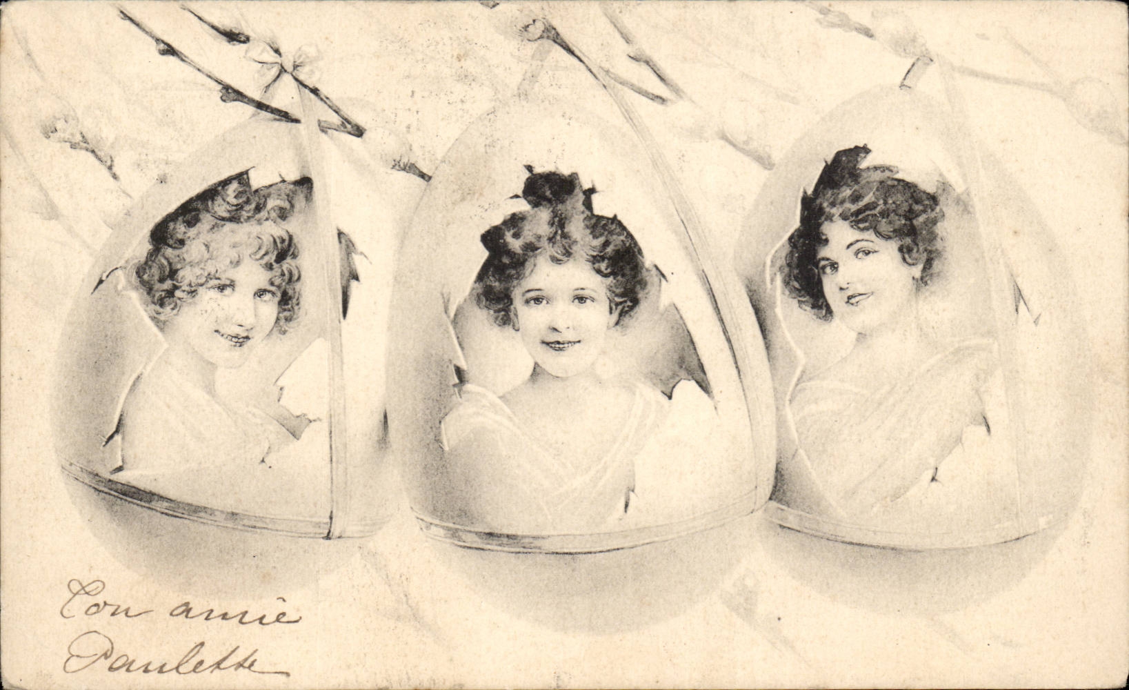 Trois jeunes femmes dans des œufs décoratifs — éditeur Daulettes
