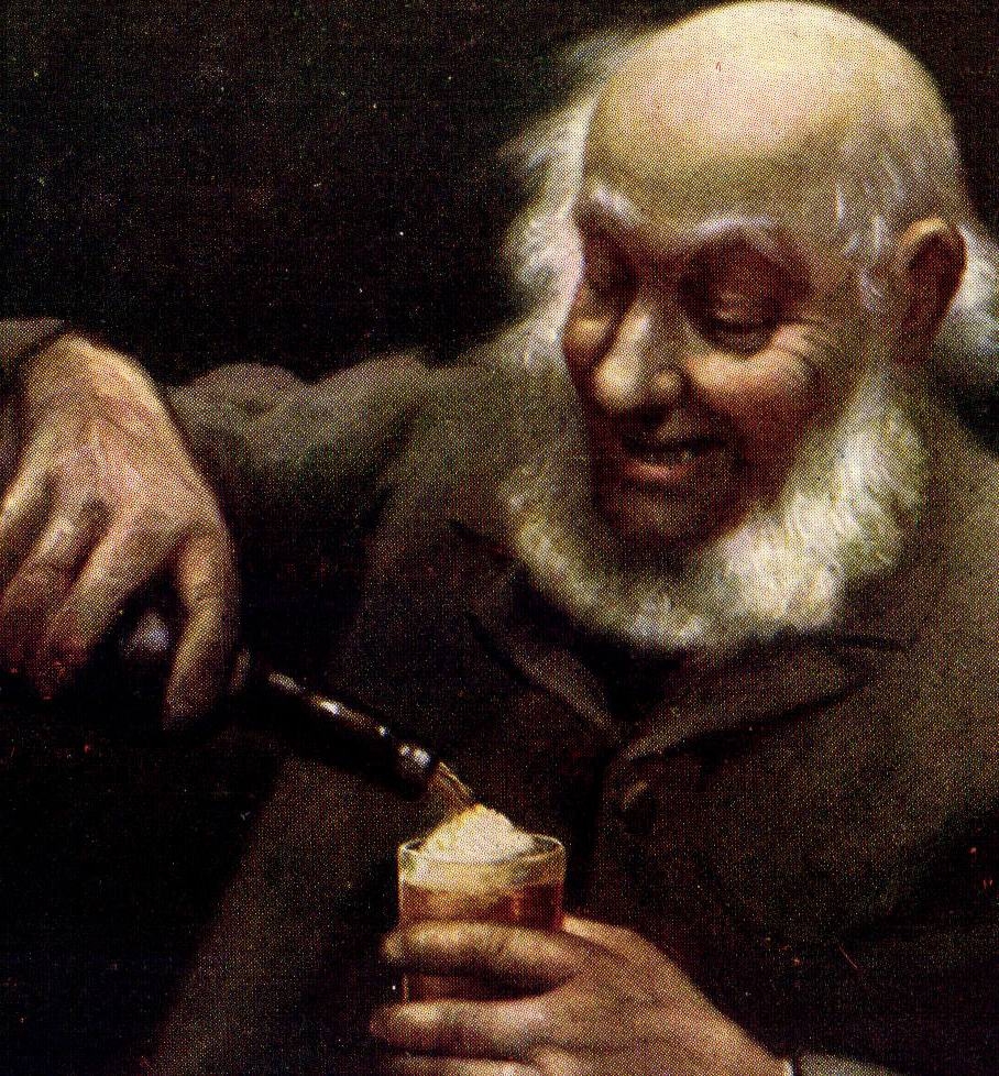 Bald old man with white beard enjoying a drink — Tuck's Post Card n° 3374