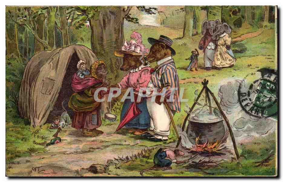 CPA Fantaisie FAble Tale Renard Elephant et singe (illustration)