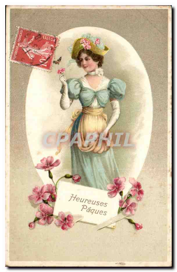 Femme en robe bleue et chapeau fleuri — Heureuses Pâques — éditeur non visible