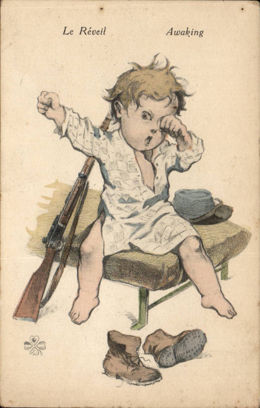 CPA Fantaisie Enfant Le reveil (soldat militaria)